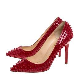 Pre Owned Christian Louboutin Red Patent Leather Pigalle Spikes Pointed Toe Pumps Size 38