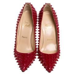 Pre Owned Christian Louboutin Red Patent Leather Pigalle Spikes Pointed Toe Pumps Size 38