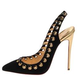 Pre Owned Christian Louboutin Black Suede And Leather Trim Whipstitch Ostri Slingback Sandals Size 39