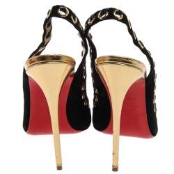 Pre Owned Christian Louboutin Black Suede And Leather Trim Whipstitch Ostri Slingback Sandals Size 39
