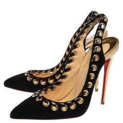 Pre Owned Christian Louboutin Black Suede And Leather Trim Whipstitch Ostri Slingback Sandals Size 39