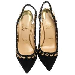 Pre Owned Christian Louboutin Black Suede And Leather Trim Whipstitch Ostri Slingback Sandals Size 39