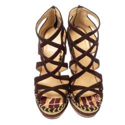 Pre Owned Christian Louboutin Brown Suede Caged Espadrille Tosca Wedge Platform Sandals Size 38