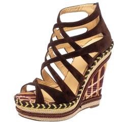 Pre Owned Christian Louboutin Brown Suede Caged Espadrille Tosca Wedge Platform Sandals Size 38