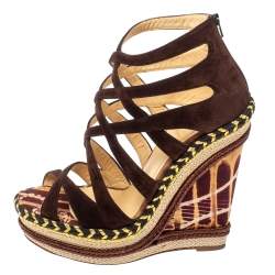 Pre Owned Christian Louboutin Brown Suede Caged Espadrille Tosca Wedge Platform Sandals Size 38