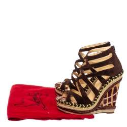 Pre Owned Christian Louboutin Brown Suede Caged Espadrille Tosca Wedge Platform Sandals Size 38