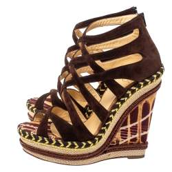 Pre Owned Christian Louboutin Brown Suede Caged Espadrille Tosca Wedge Platform Sandals Size 38