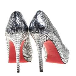 Pre Owned حذاء كعب عال ي كريستيان لوبوتان "نيو سيمبل" نعل سميك جلد ثعبان الماء فضي اللون مقاس 39