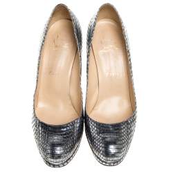 Pre Owned حذاء كعب عالي كريستيان لوبوتان "نيو سيمبل" نعل سميك جلد ثعبان الماء فضي اللون مقاس 39