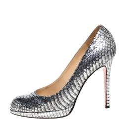 Pre Owned حذاء كعب عالي كريستيان لوبوتان "نيو سيمبل" نعل سميك جلد ثعبان الماء فضي اللون مقاس 39