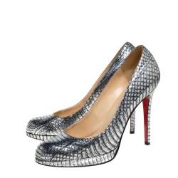 Pre Owned حذاء كعب عالي كريستيان لوبوتان "نيو سيمبل" نعل سميك جلد ثعبان الماء فضي اللون مقاس 39