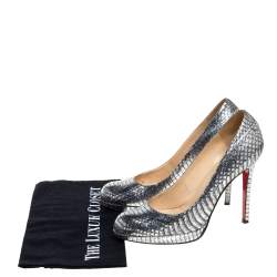 Pre Owned حذاء كعب عالي كريستيان لوبوتان "نيو سيمبل" نعل سميك جلد ثعبان الماء فضي اللون مقاس 39