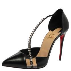 Pre Owned Christian Louboutin Black Leather And Pvc Spike Cross Pointed Toe Pumps Size 38.5