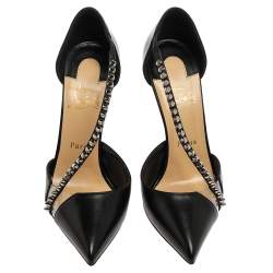 Pre Owned Christian Louboutin Black Leather And Pvc Spike Cross Pointed Toe Pumps Size 38.5
