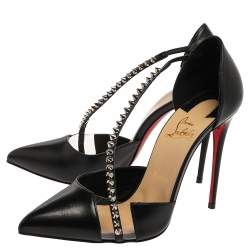 Pre Owned Christian Louboutin Black Leather And Pvc Spike Cross Pointed Toe Pumps Size 38.5