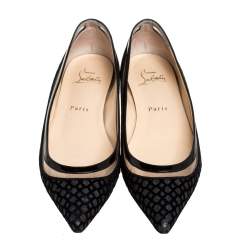 Pre Owned Christian Louboutin Black Velvet, Leather And Floque Glitter Paulina Ballet Flats Size 38