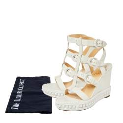 Pre Owned Christian Louboutin White Leather Rock N Buckle Wedge Platform Espadrilles Sandals Size 39