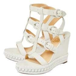 Pre Owned Christian Louboutin White Leather Rock N Buckle Wedge Platform Espadrilles Sandals Size 39