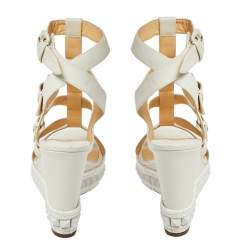Pre Owned Christian Louboutin White Leather Rock N Buckle Wedge Platform Espadrilles Sandals Size 39