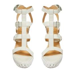 Pre Owned Christian Louboutin White Leather Rock N Buckle Wedge Platform Espadrilles Sandals Size 39