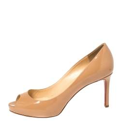 Pre Owned Christian Louboutin Beige Patent Leather Very Prive Peep Toe Pumps Size 39