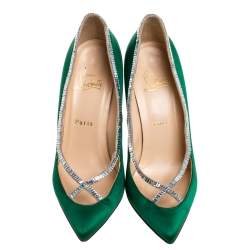 Pre Owned Christian Louboutin Green Satin Crystal Embellished Trim Pointed Toe Pumps Size 38