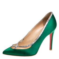 Pre Owned Christian Louboutin Green Satin Crystal Embellished Trim Pointed Toe Pumps Size 38