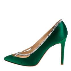 Pre Owned Christian Louboutin Green Satin Crystal Embellished Trim Pointed Toe Pumps Size 38