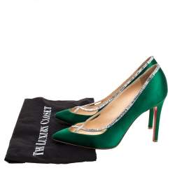 Pre Owned Christian Louboutin Green Satin Crystal Embellished Trim Pointed Toe Pumps Size 38