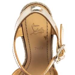 Pre Owned Christian Louboutin Metallic Gold Leather and Glitter Almeria Espadrille Wedge Sandals Size 38
