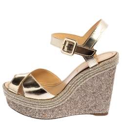 Pre Owned Christian Louboutin Metallic Gold Leather and Glitter Almeria Espadrille Wedge Sandals Size 38