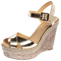 Pre Owned Christian Louboutin Metallic Gold Leather and Glitter Almeria Espadrille Wedge Sandals Size 38