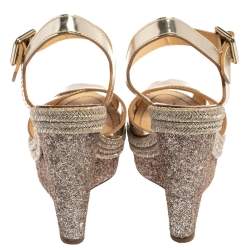 Pre Owned Christian Louboutin Metallic Gold Leather and Glitter Almeria Espadrille Wedge Sandals Size 38