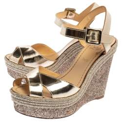 Pre Owned Christian Louboutin Metallic Gold Leather and Glitter Almeria Espadrille Wedge Sandals Size 38