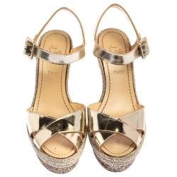 Pre Owned Christian Louboutin Metallic Gold Leather and Glitter Almeria Espadrille Wedge Sandals Size 38