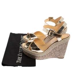Pre Owned Christian Louboutin Metallic Gold Leather and Glitter Almeria Espadrille Wedge Sandals Size 38