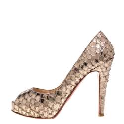 Christian Louboutin Metallic Beige Scaled PVC Poseidon Peep Toe Pumps Size 35.5