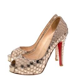 Christian Louboutin Metallic Beige Scaled PVC Poseidon Peep Toe Pumps Size 35.5