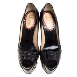 Pre Owned Christian Louboutin Black Leather Lady Gres Knotted Peep Toe Pumps Size 39