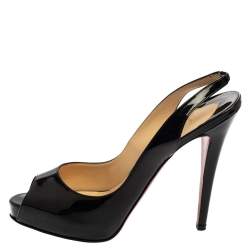 Pre Owned Christian Louboutin Black Patent Leather Private Number Peep Toe Sling Back Pumps Size 39.5