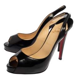 Pre Owned Christian Louboutin Black Patent Leather Private Number Peep Toe Sling Back Pumps Size 39.5
