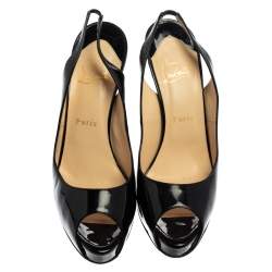 Pre Owned Christian Louboutin Black Patent Leather Private Number Peep Toe Sling Back Pumps Size 39.5