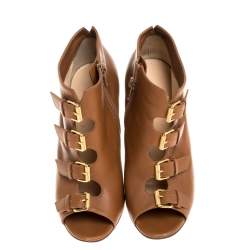 Pre Owned حذاء بوت كريستيان لوبوتان مزين إبزيم ذهبي مقدمة مفتوحة جلد بني مقاس 36