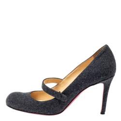 Pre Owned Christian Louboutin Grey Wool Charlene Mary Jane Pumps Size 37.5