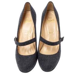 Pre Owned Christian Louboutin Grey Wool Charlene Mary Jane Pumps Size 37.5