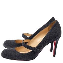 Pre Owned Christian Louboutin Grey Wool Charlene Mary Jane Pumps Size 37.5