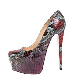 مملوكة مسبقًا حذاء كعب عالي كريستيان لوبوتان دافوديل نعل سميك جلد ثعبان متعدد الألوان مقاس 38