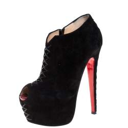 مملوكة مسبقًا Christian Louboutin Black Suede Recouzetta Peep Toe Platform Ankle Boots Size 38.5 