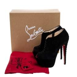 مملوكة مسبقًا Christian Louboutin Black Suede Recouzetta Peep Toe Platform Ankle Boots Size 38.5 