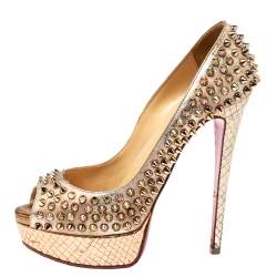 Pre Owned Christian Louboutin Metallic Gold/Rose Gold Leather Lady Peep Toe Spike Platform Pumps Size 38
